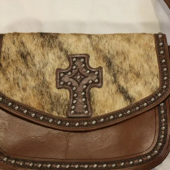 Genuine Leather Cow Hair Cross Studded Accent Shoulder Purse - Picture 3 of 12